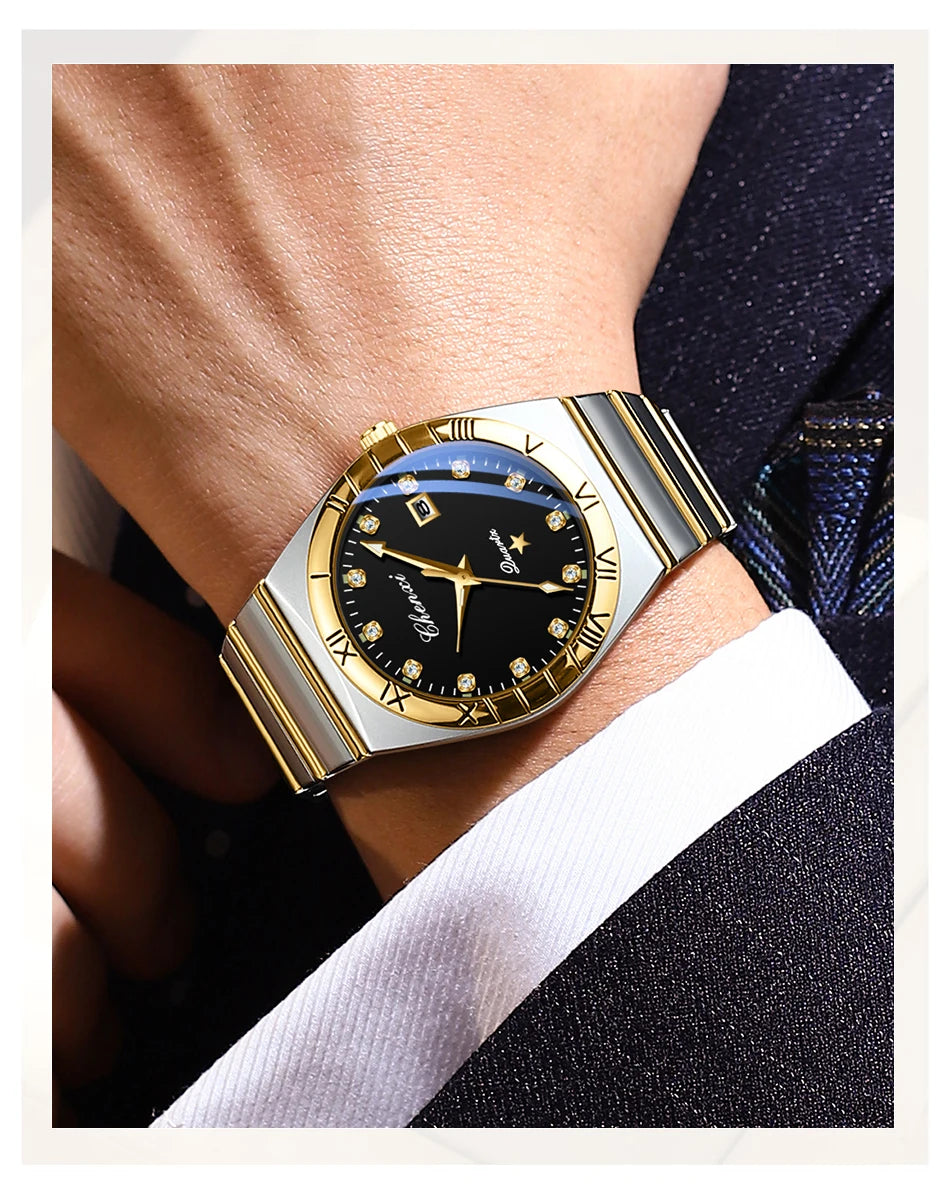 CHENXI Watches For Men Sweep Second Movement See-through Quartz, Waterproof Mens Watch Stainless Steel Golden Wristwatches