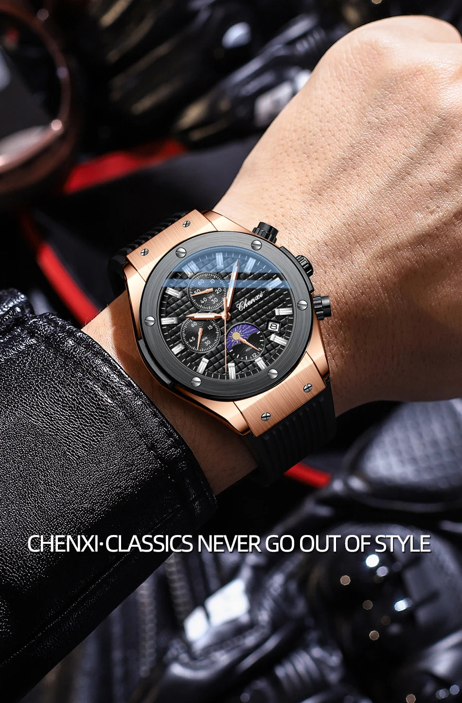 CHENXI Original Watch Quartz Waterproof Sports Watches Men Silicone Strap Chronograph Calendar Multi Functional Wristwatches