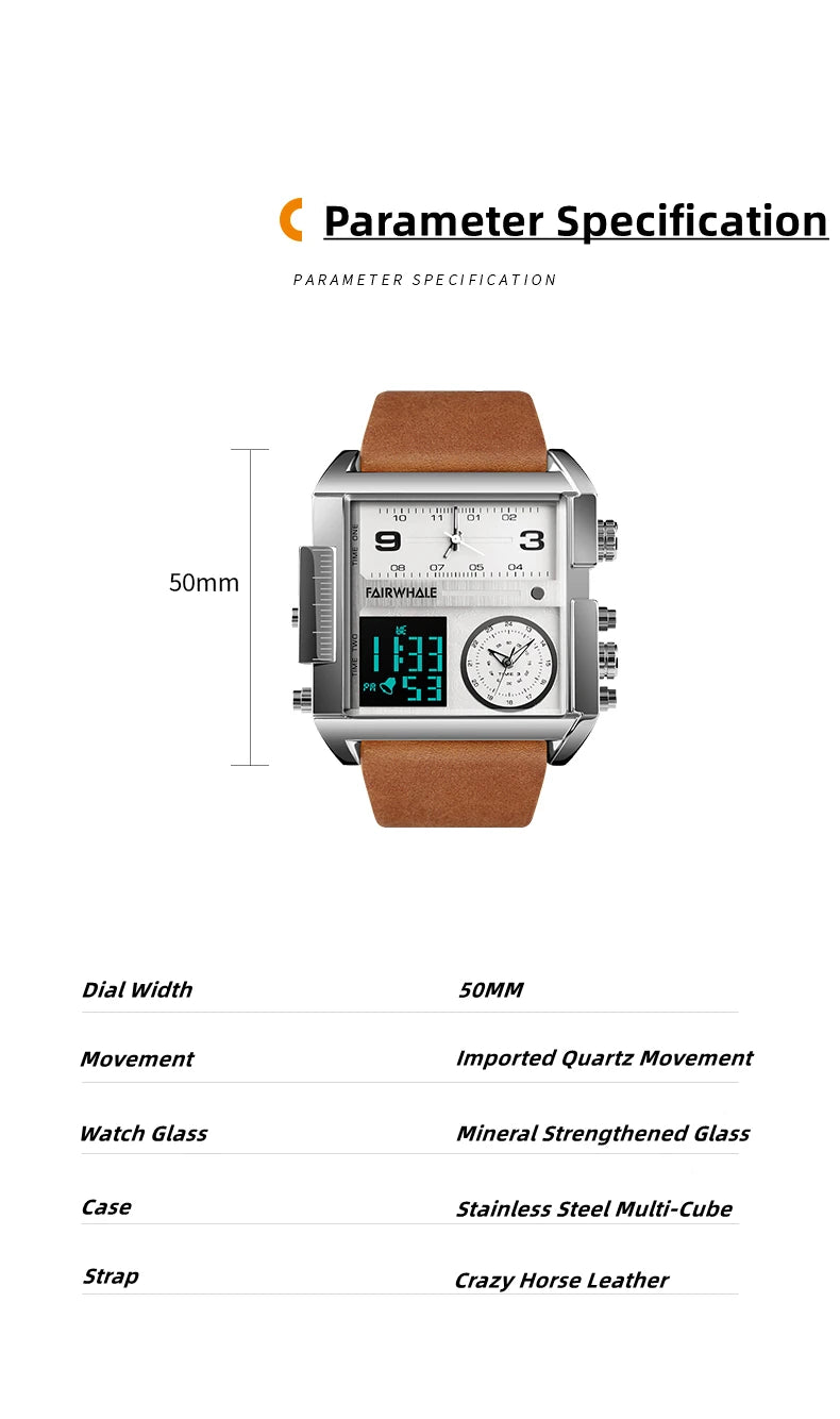 Mark Fairwhale Luxury Quartz Watches Men Fashion Brown Leather Strap Clock Military Waterproof Square Electronic WristWatch Man