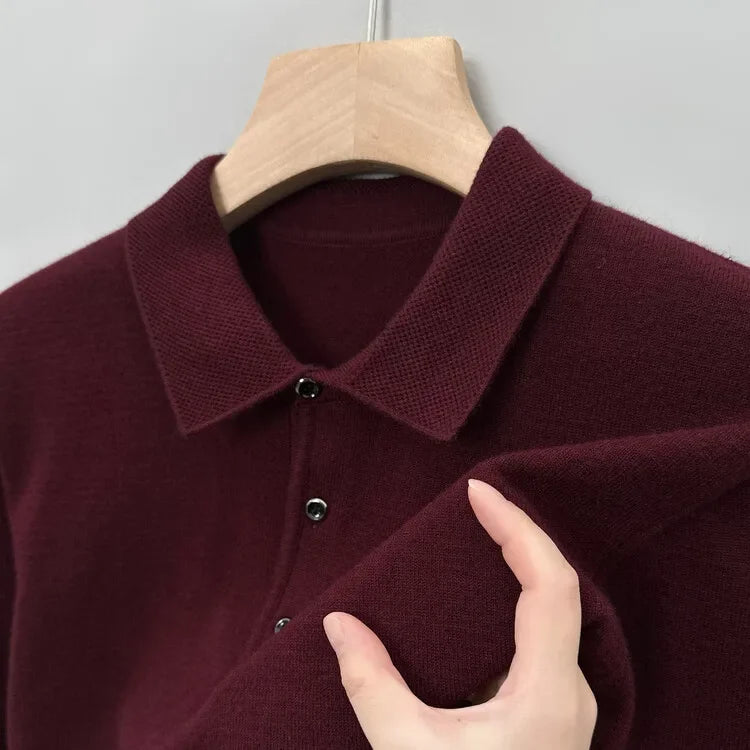 Autumn and Winter New Warm Soft Pullover Men's Business Lapel Knitwear Casual Solid Color Long Sleeve Polo Shirt Office