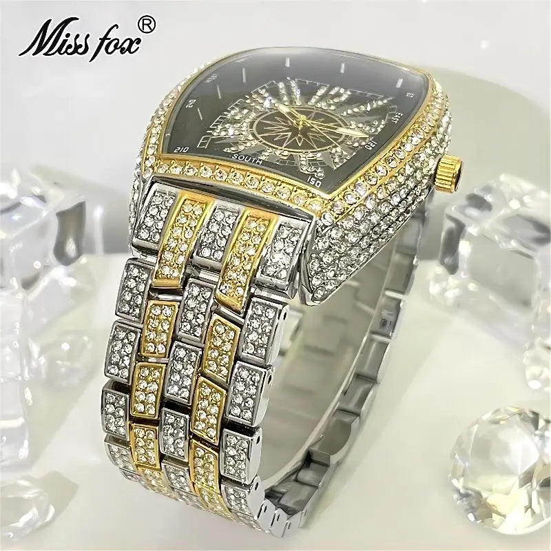 Luxury Gold Watches Men Brand MISSFOX Fashion Hip Hop lce Diamond Sun Pattern Literal Quartz Wristwatch Male Dropshipping Hot