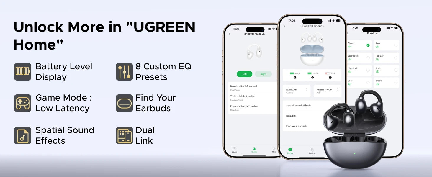 UGREEN ClipBuds Open-Ear Wireless Headphones Bluetooth 6.0 with 4 Mic Clear Call, Earbuds Clip on Earphones 30H Playtime
