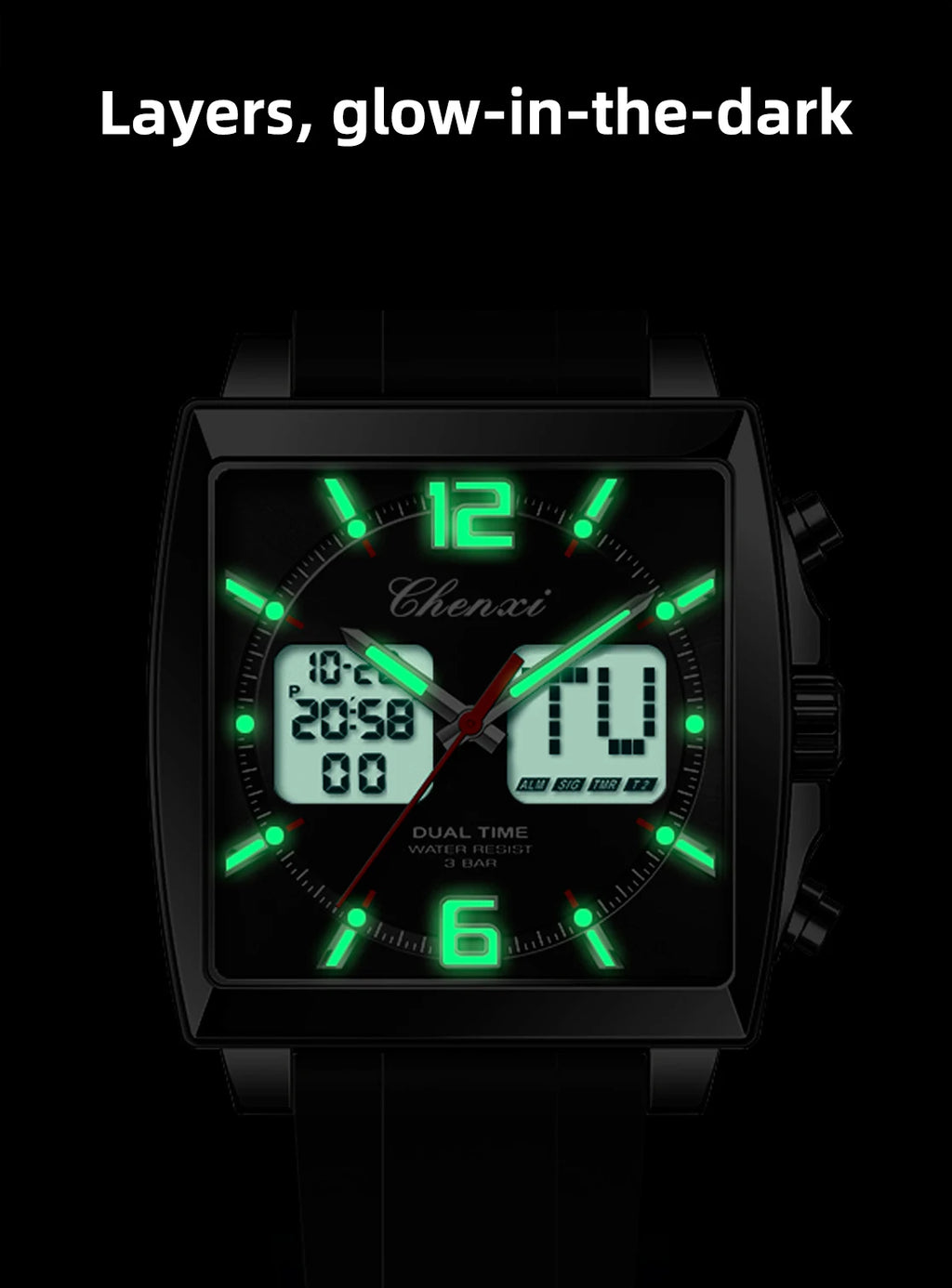 Fashion Casual Men Sports Watch Square Dial Dual Time CHENXI Watches Silicone Strap Waterproof Multifunction Wristwatch Male