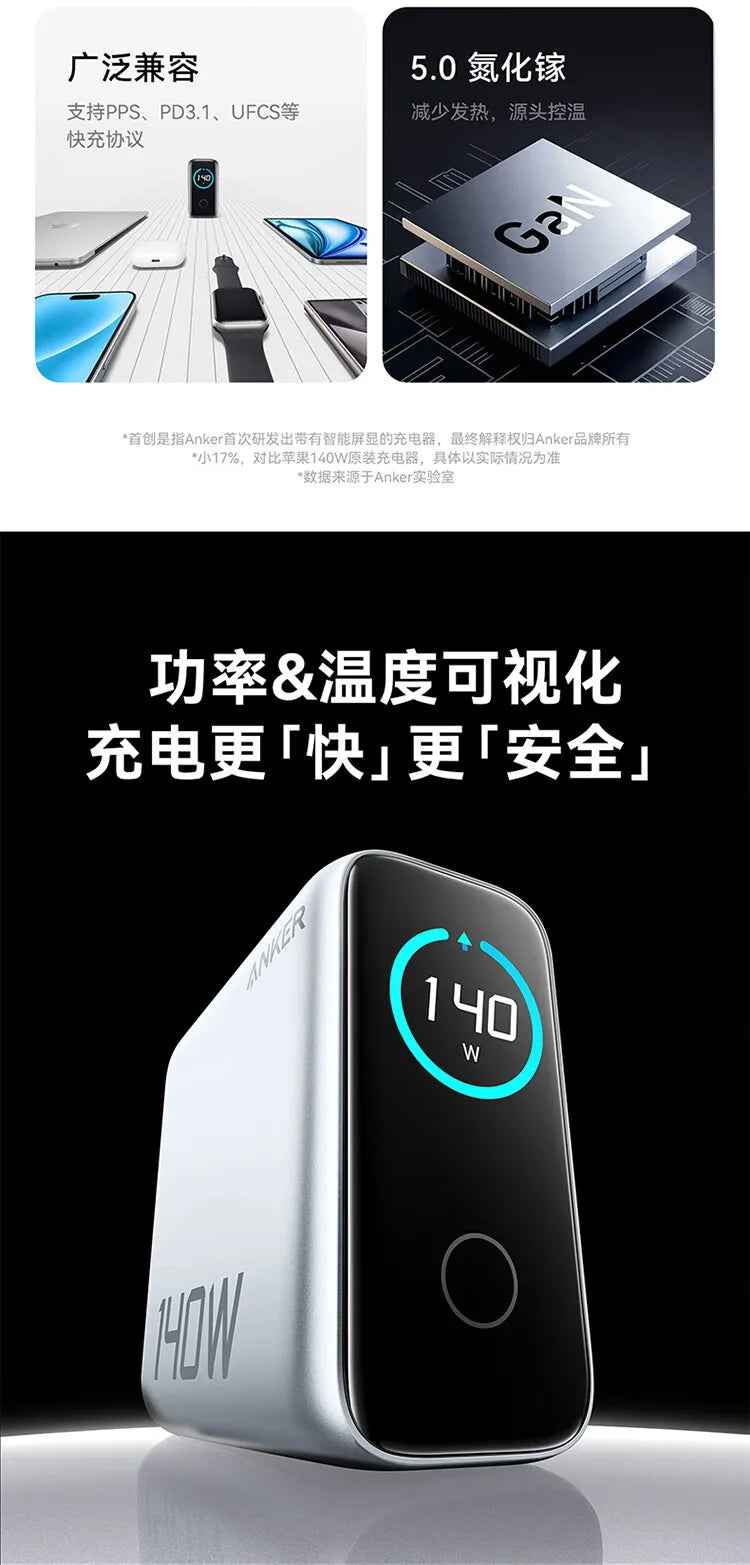 CN Version Anker Zolo 140W Charger GAN Display PD PPS for iPhone 12-16 series Laptop with 1.5m USB C to C Cable