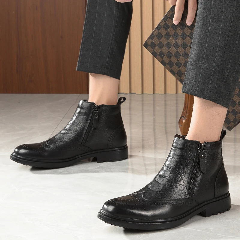 Genuine Leather Men Side Zipper Ankle Boots 2023 Men Winter Plush Snow Boots Fashion Men Casual Low Top Shoes All-match Men Shoe