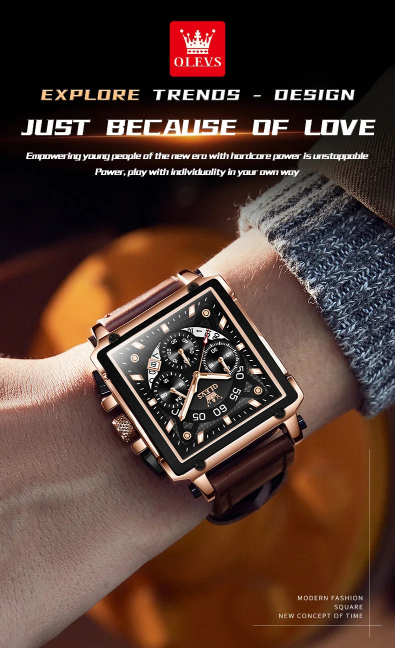 OLEVS 9919 Chronograph Multifunctional Quartz Men's Watch Leather strap 45MM Square Big Dial Leisure Sports TOP Brand Male Watch