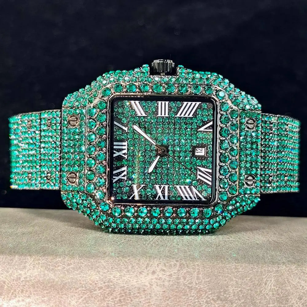 Cool Black Ice Watch For Men Brand UNIGUET Luxury Stainless Steel Quartz Timepiece Man Hip Hop Diamond Square Wristwatch New