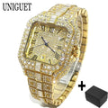 UNIGUET Fashion Watch For Men Luxury Rose Square Iced Out Quartz Watch Man Hip Hop Full Diamond Jewelry Wristwatch Reloj HombreU