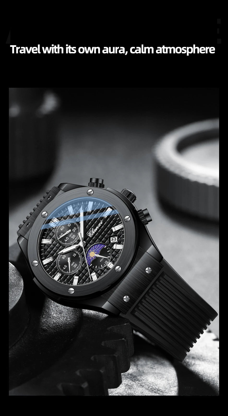 CHENXI Original Watch Quartz Waterproof Sports Watches Men Silicone Strap Chronograph Calendar Multi Functional Wristwatches