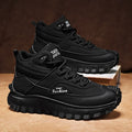 Men'S Black And White Mid Top Hiking Boots Waterproof Leather Platform Sneakers Non Slip Outdoor Casual Shoes With Rugged Sole
