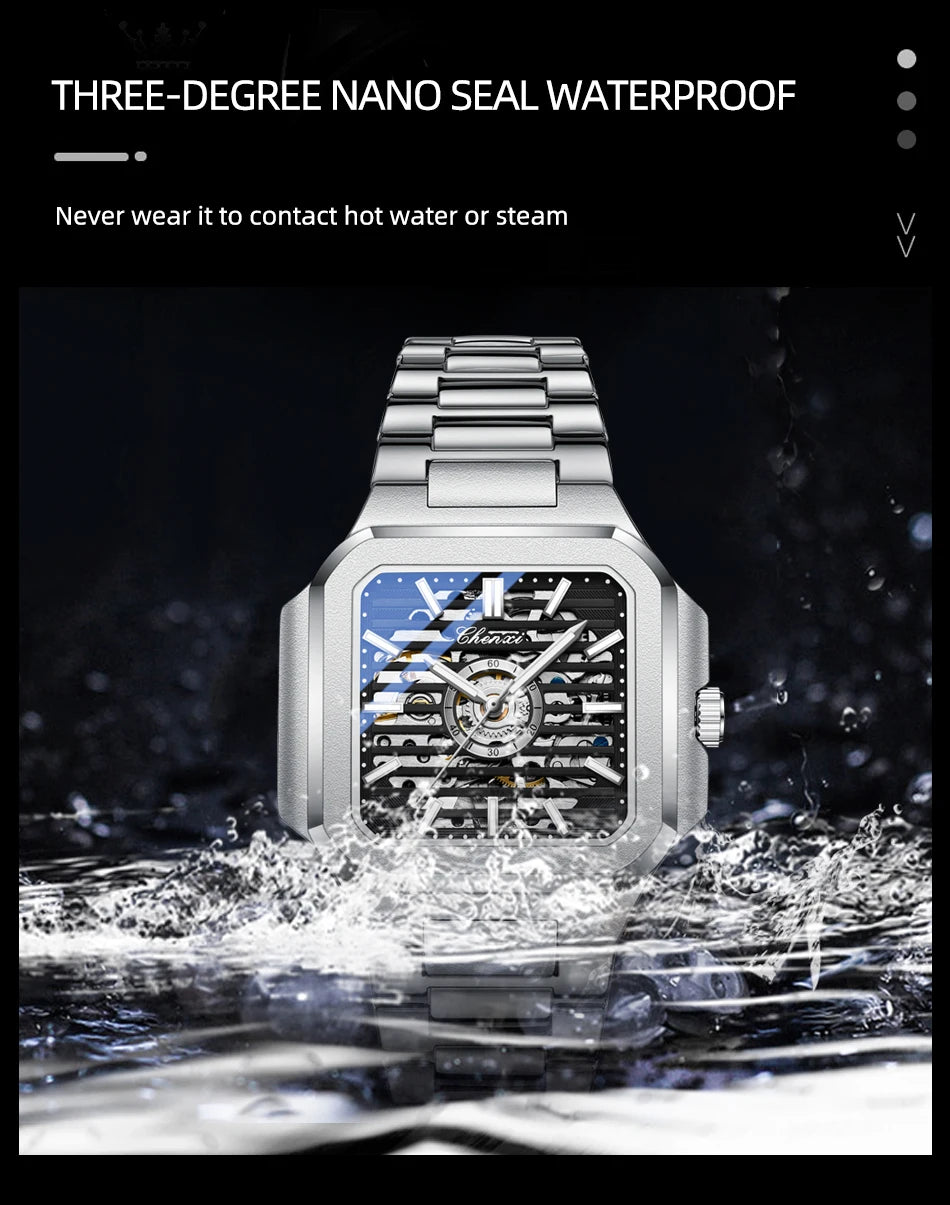 CHENXI Mechanical Men's Watch High-end Square Dial Men Watches Fully Automatic Hollow Wristwatches Male Gifts