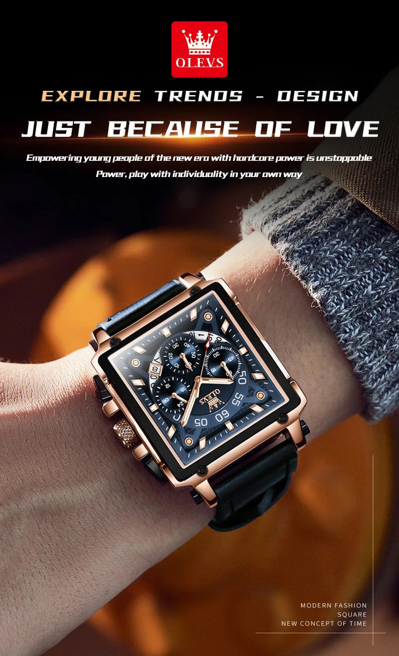 OLEVS Mens Watch Square Quartz Watch Multifunctional Business Watches For Man Waterproof Luminous Box Gift Leather Strap 9919