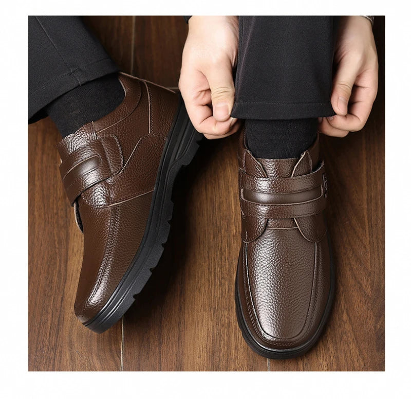 Mens Brown Litchi Grain Genuine Leather Casual Shoes Soft Sole Comfortable Walking Sneakers For Middle Aged Dad And Elderly