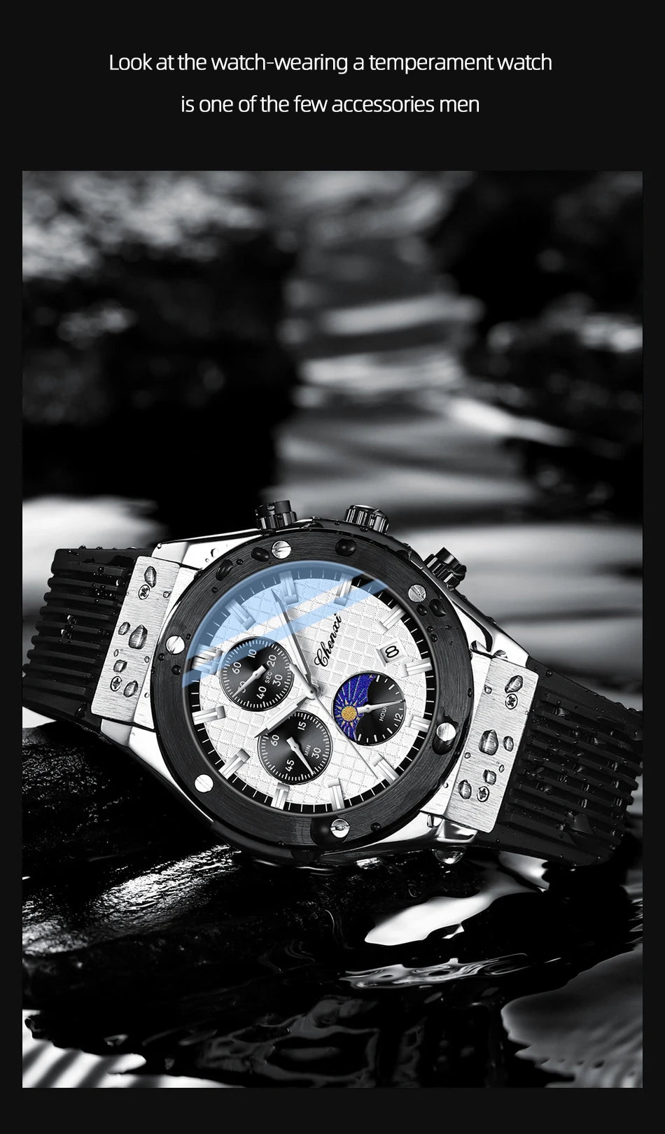 CHENXI Original Watch Quartz Waterproof Sports Watches Men Silicone Strap Chronograph Calendar Multi Functional Wristwatches
