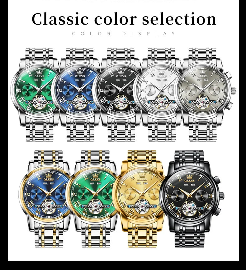 OLEVS 6607 Fully Automaitc Watches Stainless Steel Skeleton Flywheel Dual Calendar Top Luxury Brand Men's Mechanical Wristwatch
