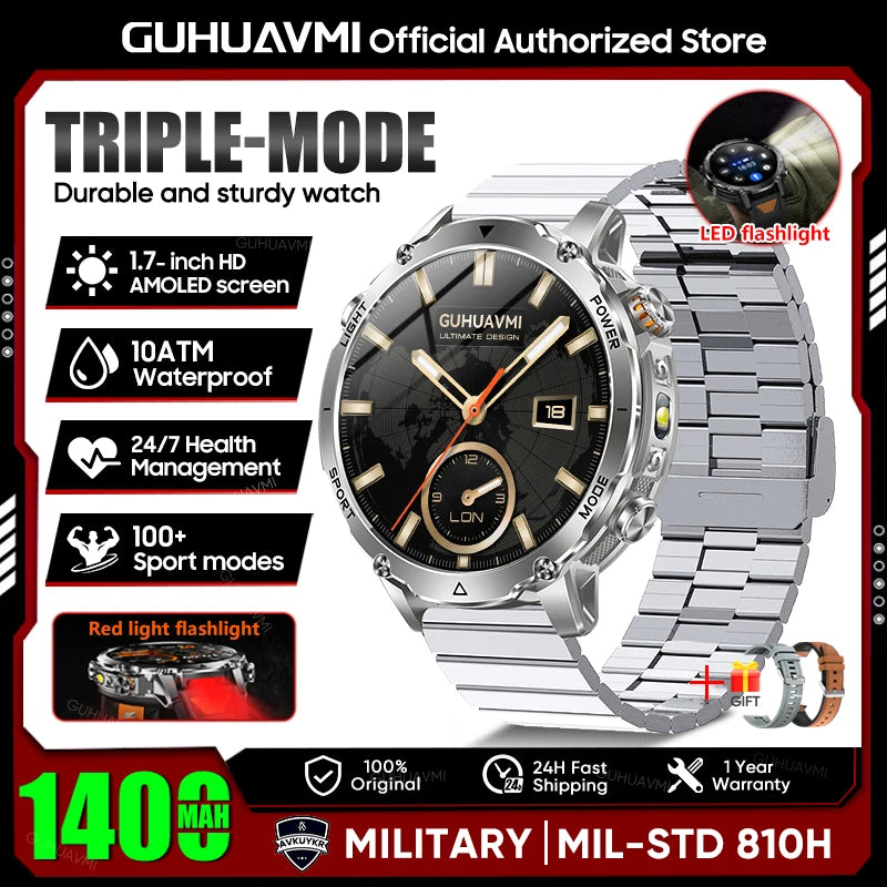 2026 New Military Smart Watch Men 1400mAh Battery 1.7-Inch AMOLED Sport GPS Track Bluetooth Call Rate Smartwatch For Android IOS