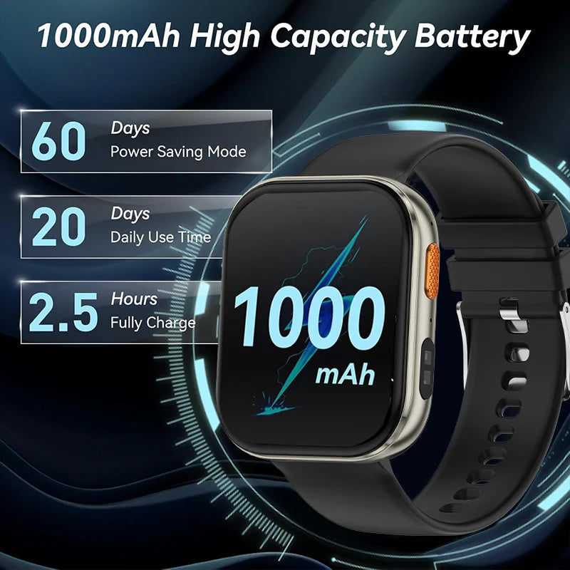 New 1000mAh Large Battery Smartwatch Men Women | 2.04"HD Screen BluetoothCall Heart Rate Monitor Flashlight Sports Fitness Watch