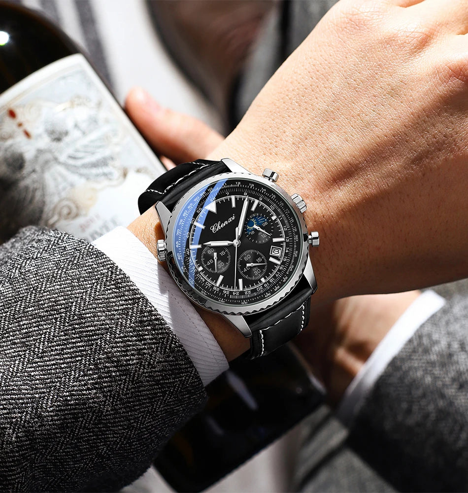 CHENXI Fashion Business Watches For Man Round Dial Black Leather Band Men's Watches Luminous Waterproof Man Watch