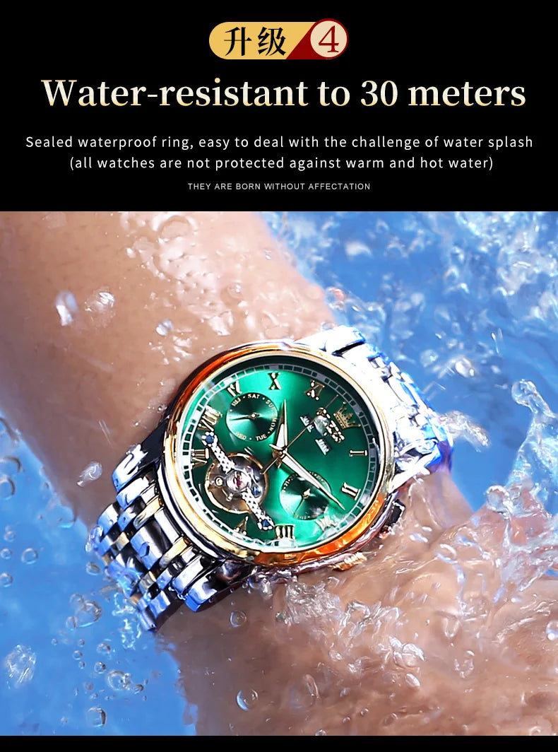 OLEVS 6607 Fully Automaitc Watches Stainless Steel Skeleton Flywheel Dual Calendar Top Luxury Brand Men's Mechanical Wristwatch