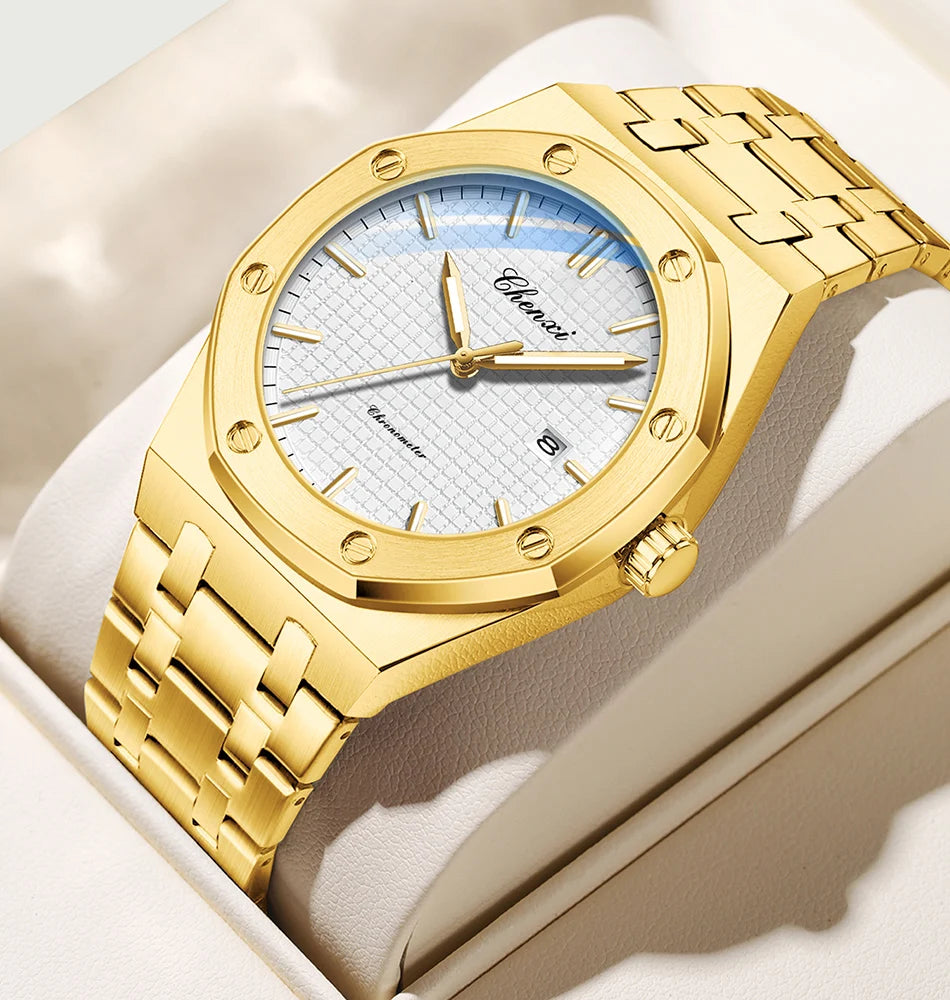 CHENXI NEW Men's Watches Fashion Casual Luminous Date Quartz Watch Male Clock Gifts 42mm Dial Gold Wristwatch Waterproof
