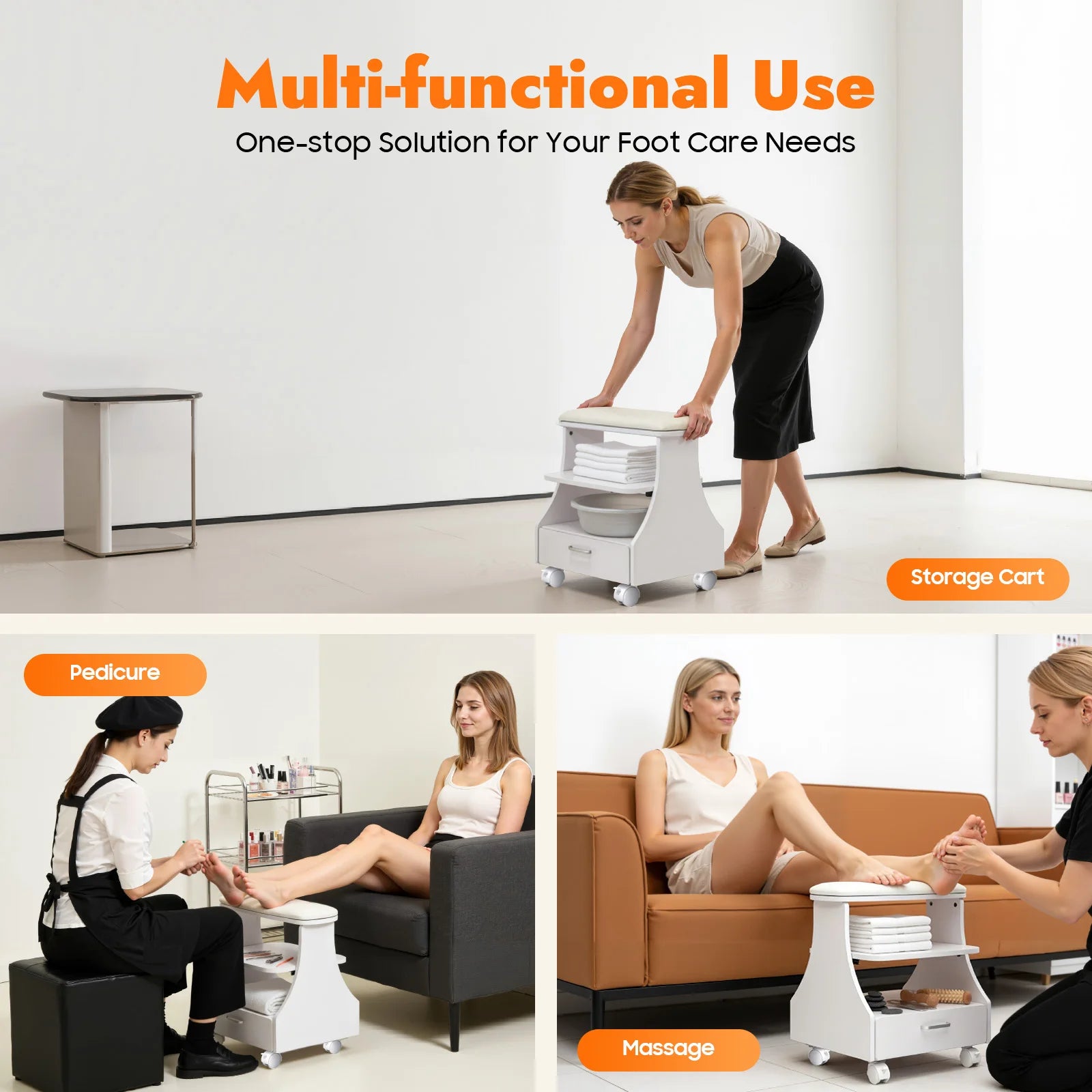 Portable Beauty Salon Foot Bath Trolley Pedicure Manicure Foot Rest with Massage Function Foot Spa Table White