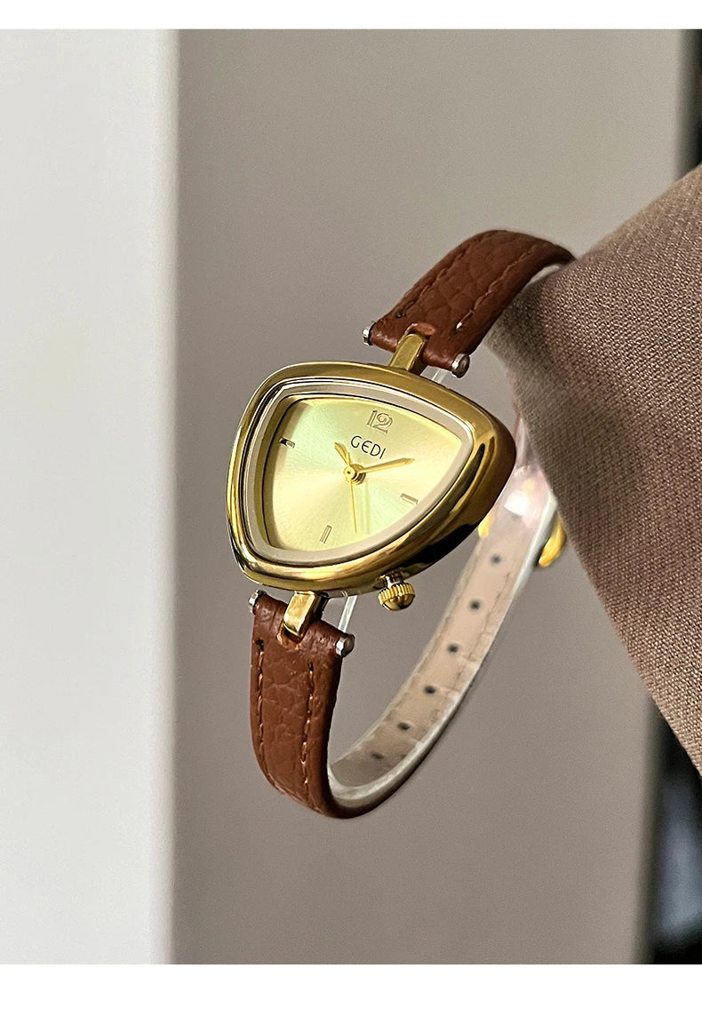 GEDI Vintage Watch Leather Light Luxury Simple Unique Irregular Dial Ladies Watches Elegant Quartz Waterproof Women's Wristwatch