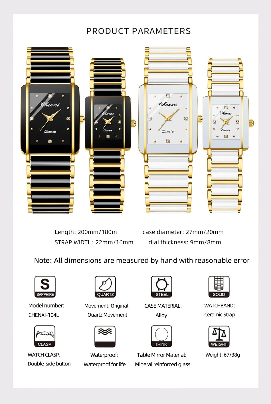 2PCS Couple Watches Ceramics Waterproof Fashion Leisure Men's and Women's Watch Reloj Mujer Romantic Birthday Gift Wristwatch