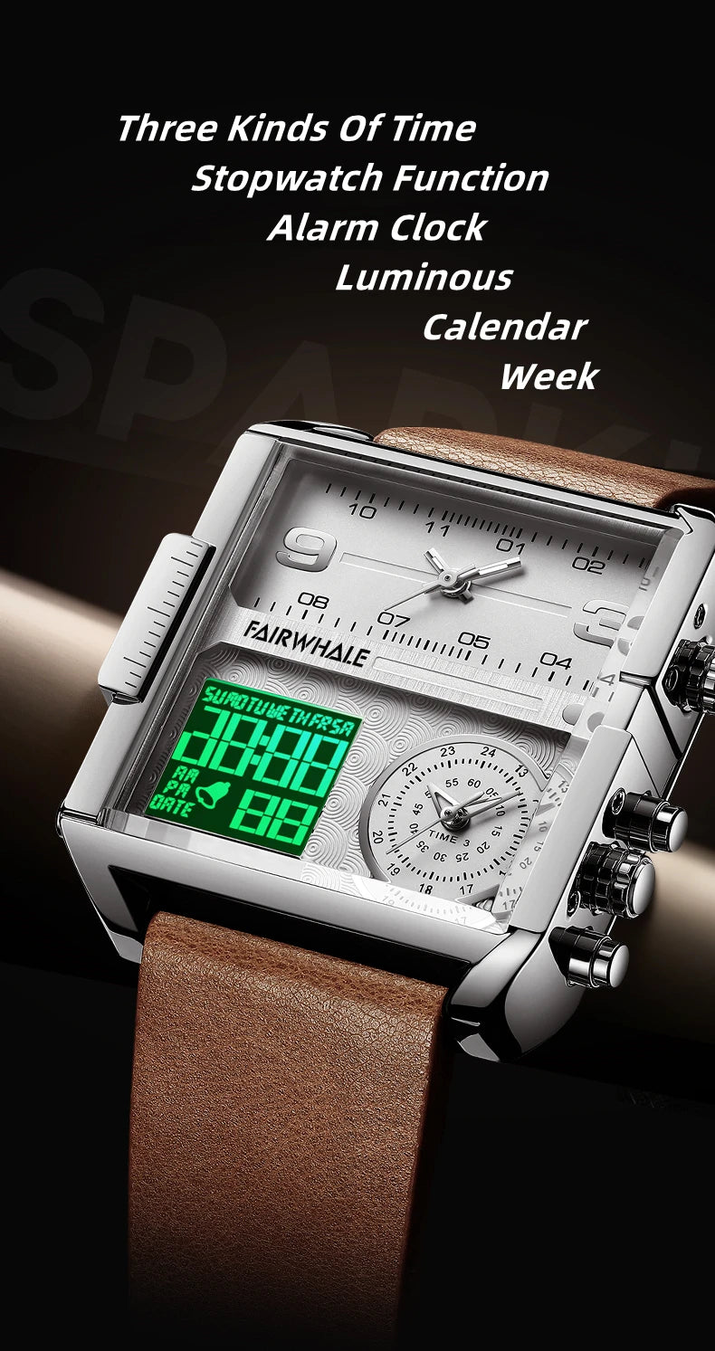 Mark Fairwhale Luxury Quartz Watches Men Fashion Brown Leather Strap Clock Military Waterproof Square Electronic WristWatch Man