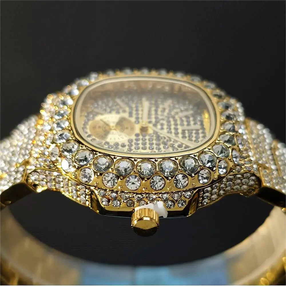 Hot Sell Luxury Iced Watch Mens Fashion Stainless Steel Gold Wristwatch Hip Hop Diamond Bling Jewelry Watch For Man Reloj Hombre
