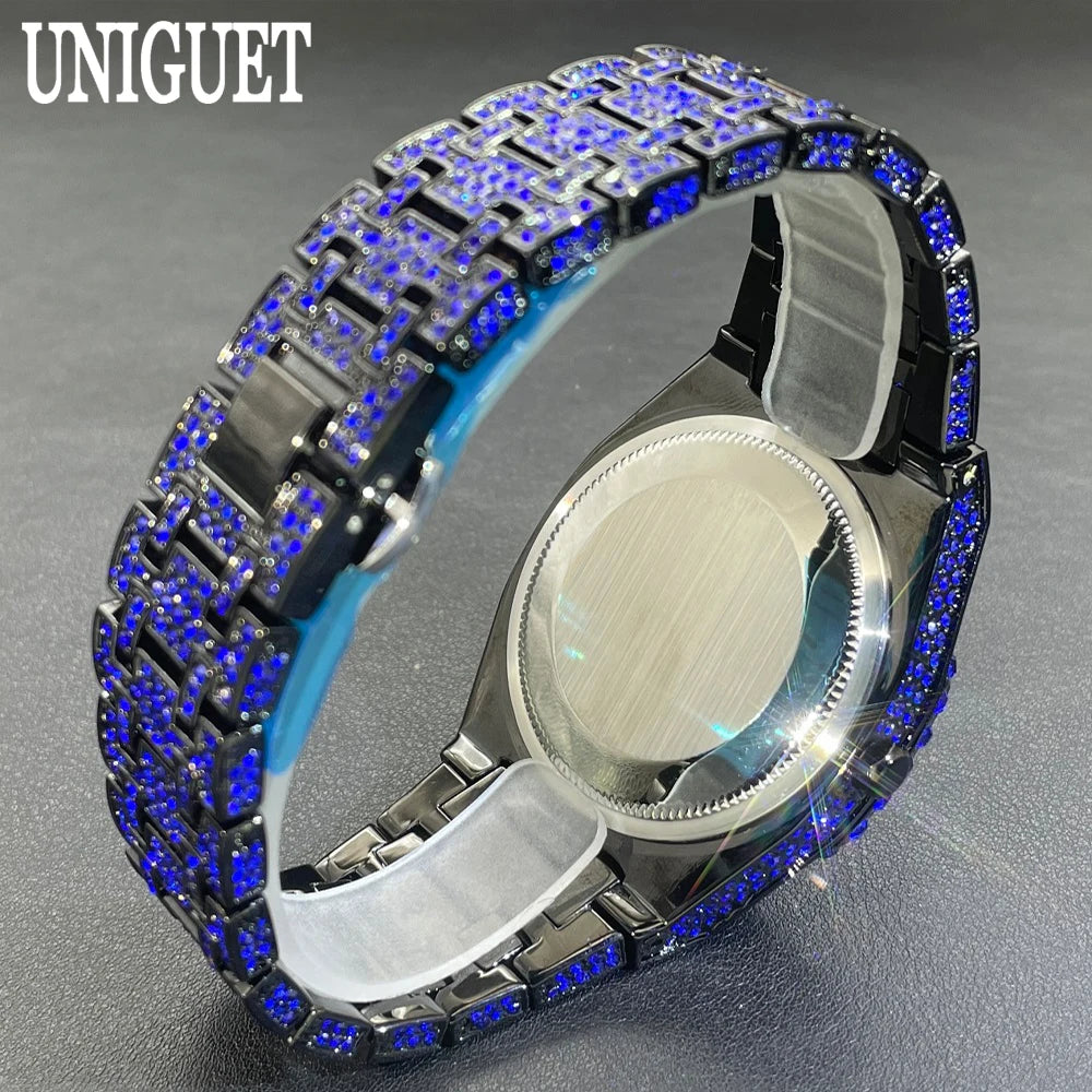 UNIGUET Cool Black Watch For Men Luxury Stainless Steel Quartz Watches Fashion Hip Hop Iced Diamond Wristwatch Man Dropshipping