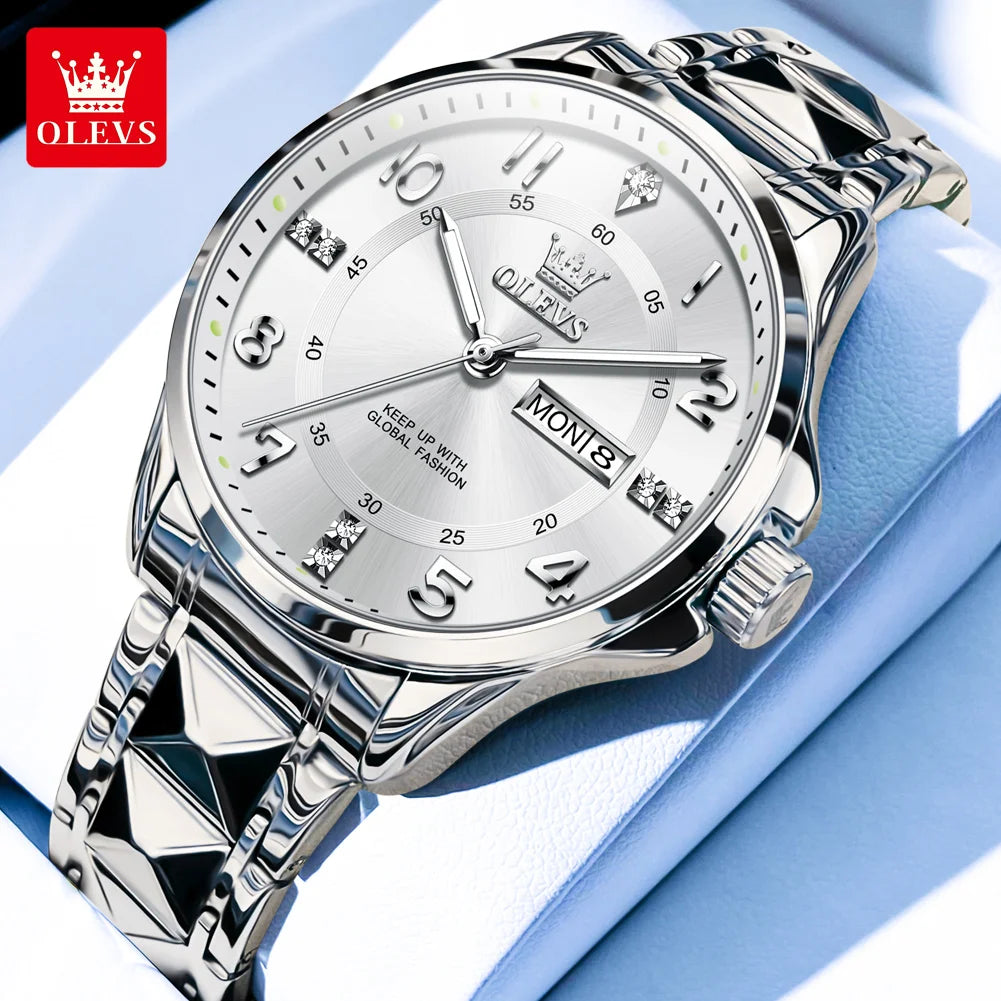 OLEVS 2910 Luxury Men Women Couple Watch Dual Calendar Display Waterproof Stainless Steel Clock Gold Diamond Couple Quartz Watch