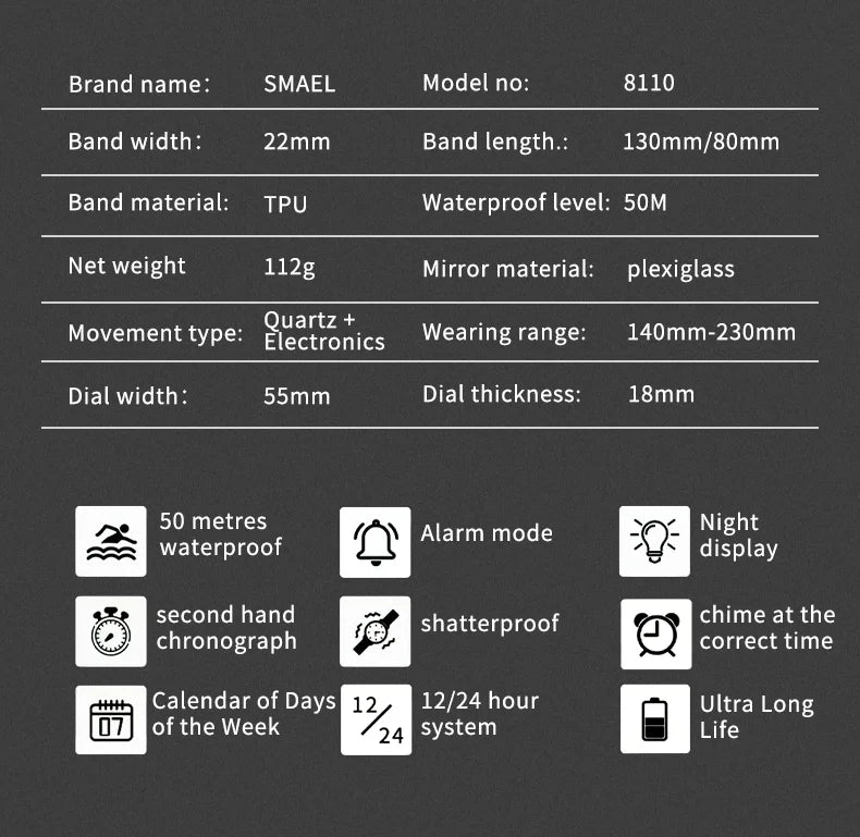 2025 SMAEL Sports Watches Men LED Watches New 50m Waterproof Digital Watches 8110 Shockproof Sports Watches for Men Electrionic