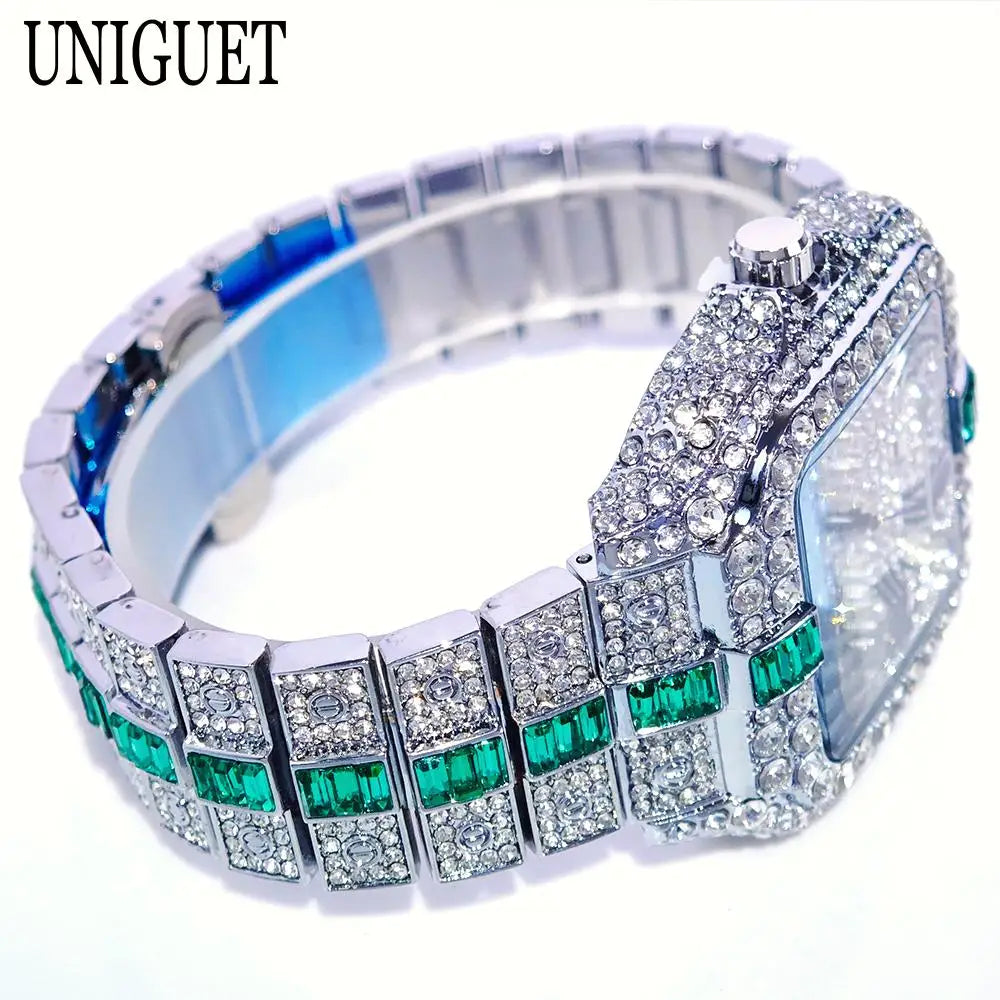 Hot Fashion Full Diamond Watch Men UNIGUET Brand Hip Hop Iced Out Bling Jewelry Square Quartz Wristwatch For Man Dropshipping