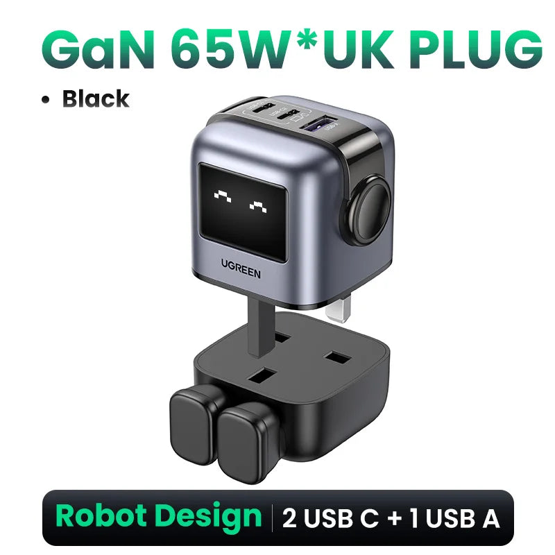 UGREEN 65W GaN Charger Uno Robot Design Quick Charge 4.0 3.0 PPS PD Fast Charger for iPhone 17 16 15 Pro Macbook  Laptop Tablet