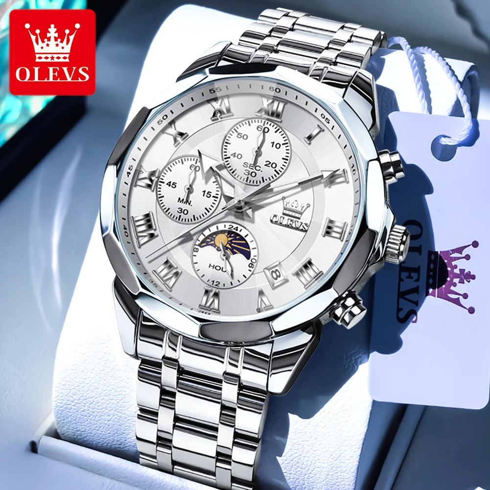 OLEVS 3675 Mens Watch Original Multifunctional Chronograph Quartz Watch Moon Phase Watches For Men Waterproof Mens Gifts Reloj
