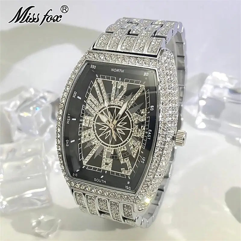 Luxury Gold Watches Men Brand MISSFOX Fashion Hip Hop lce Diamond Sun Pattern Literal Quartz Wristwatch Male Dropshipping Hot