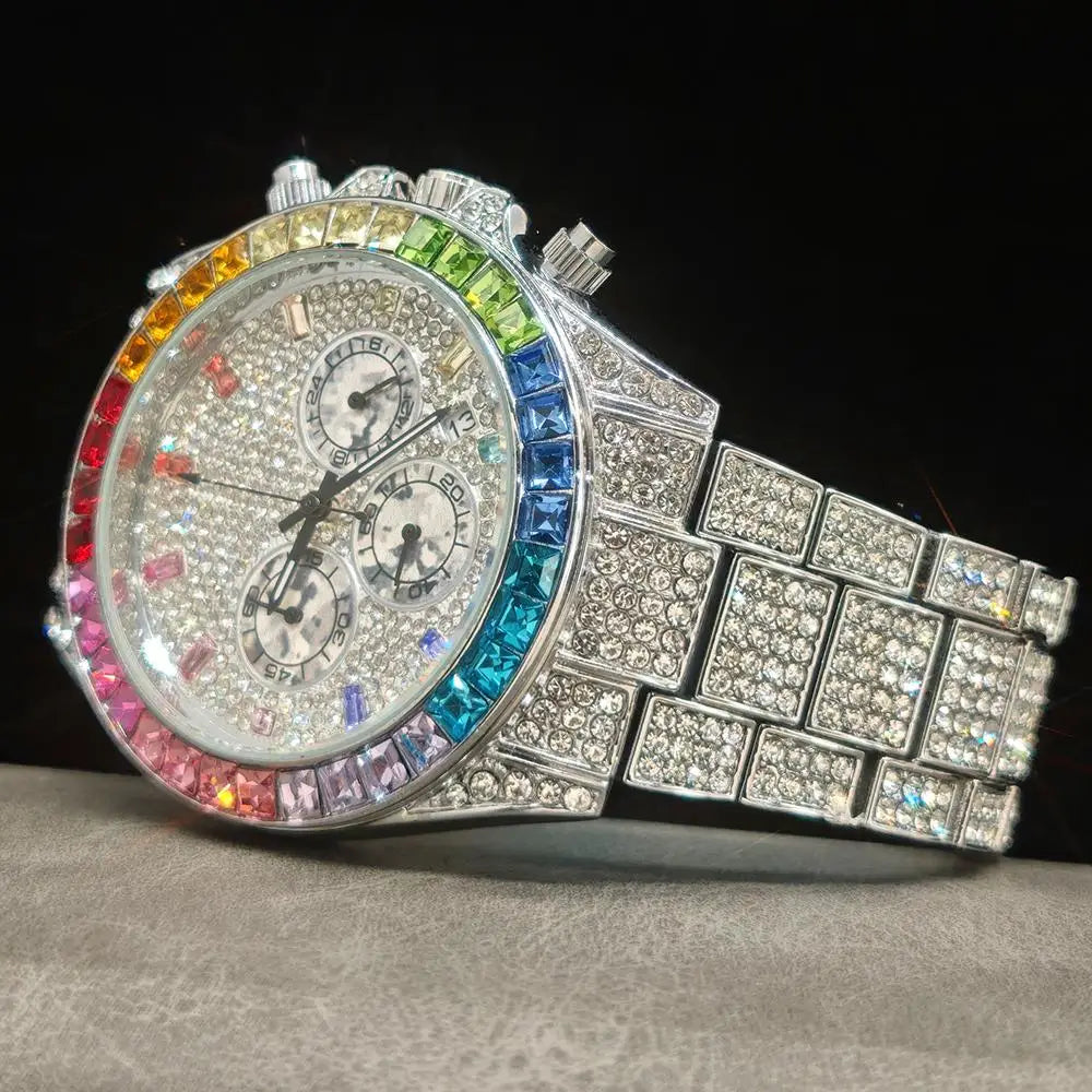 Hot Sell Fashion Gold Watch For Men Brand UNIGUET Hip Hop Rainbow Diamond shiny Jewelry Quartz Wristwatch Male Dropshipping