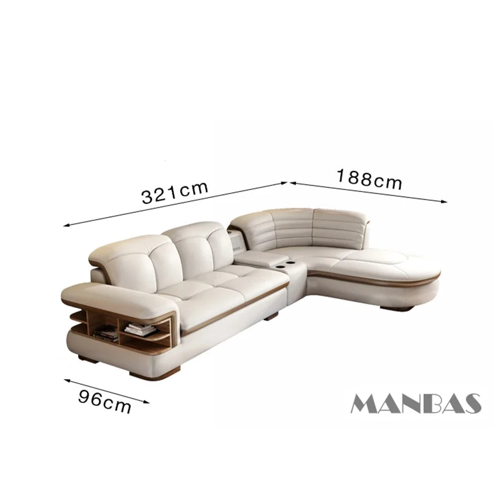 MANBAS Luxury L-Shaped Genuine Leather Sectional Sofa Sets with USB, Bluetooth Speaker - Living Room Italian Leather Couches
