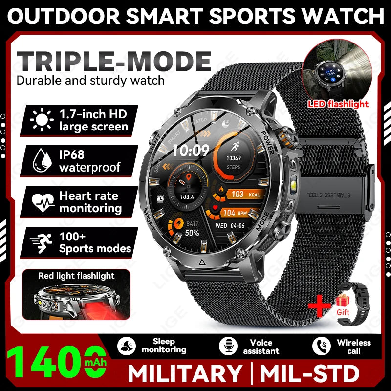 LIGE 2026 Military 1400mAh Battery Smart Watch Men Outdoor Flashlight IP68 Waterproof Heart Rate Bluetooth Call Sports Bracelet