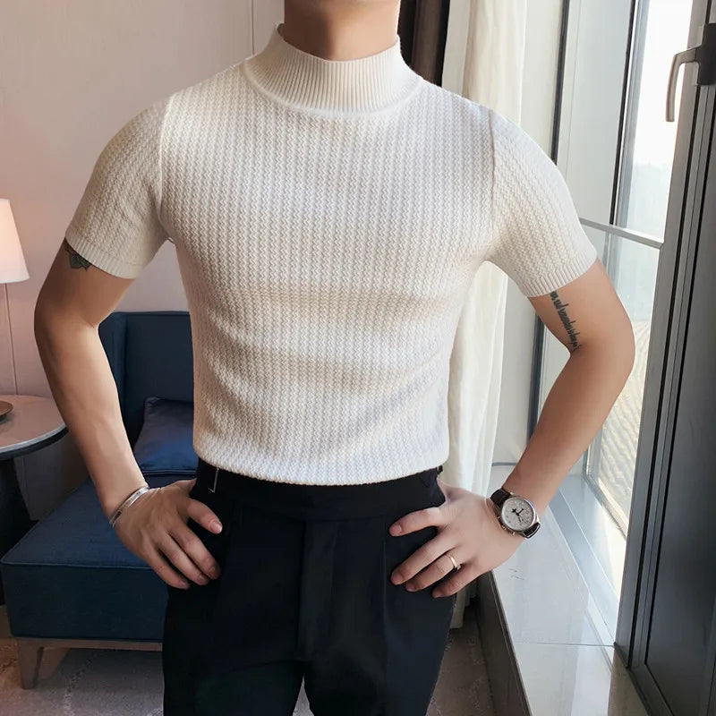 Fall Winter New Short Sleeve Knitted Sweater Men Clothing Half High Neck Slim Fit Sweater T-shirt Casual Stretch Homme Pullover