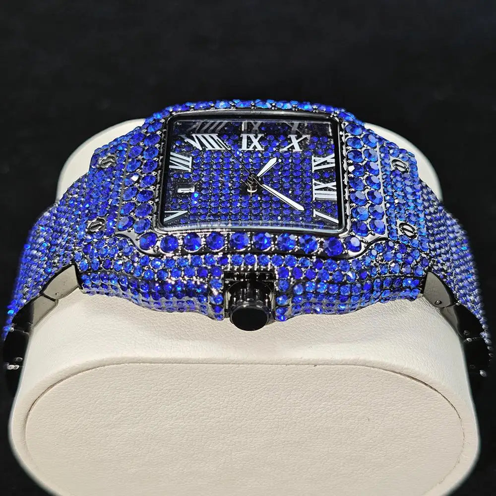 Cool Black Ice Watch For Men Brand UNIGUET Luxury Stainless Steel Quartz Timepiece Man Hip Hop Diamond Square Wristwatch New