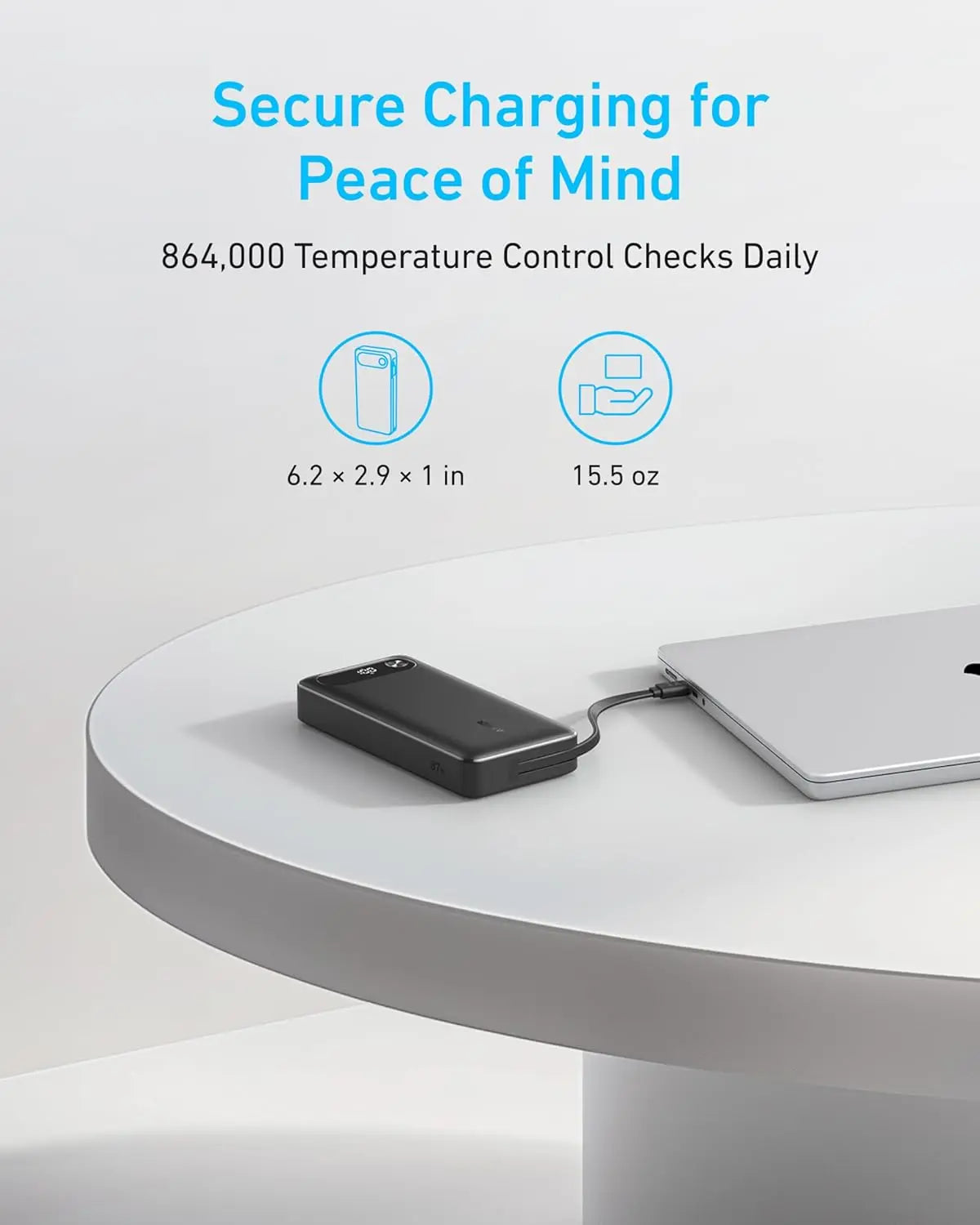 Anker Power Bank, 20,000mAh Travel Essential Portable Charger with Built-in USB-C Cable, 3-Port 87W Max Fast Charging Battery Pa