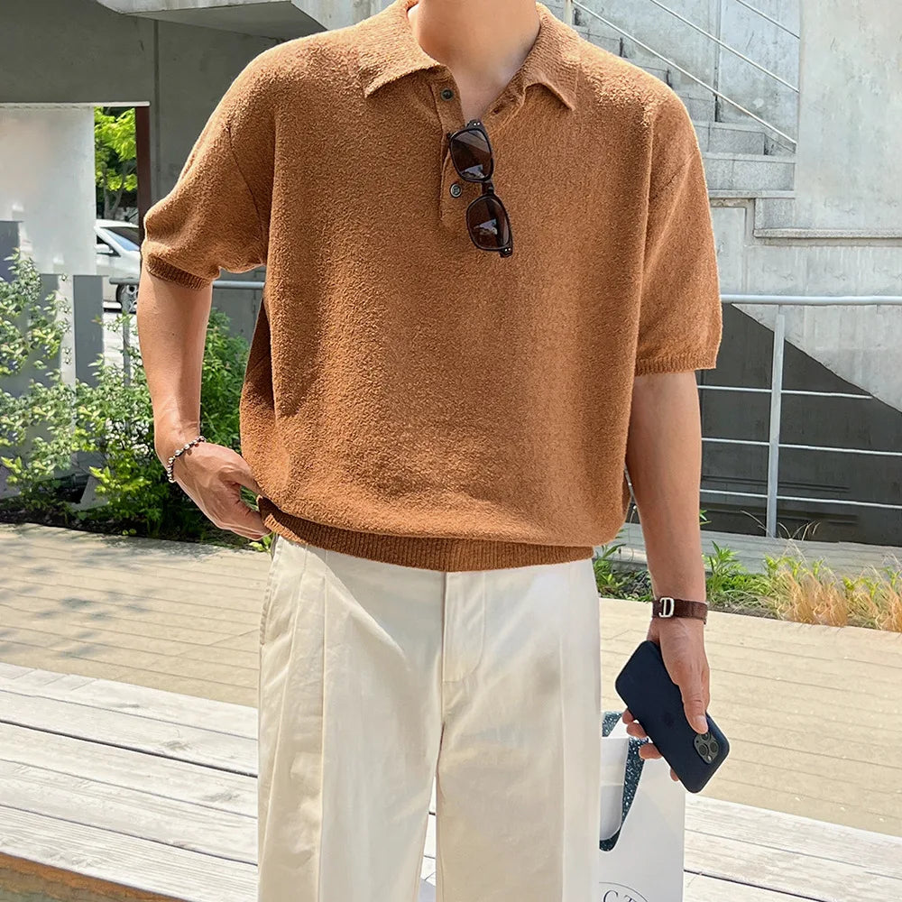 Men's Summer Simplicity Vintage Knitted Polo Shirt, Loose Casual Half Sleeves, Korean Fashion Lapel T-shirt, Short Sleeve