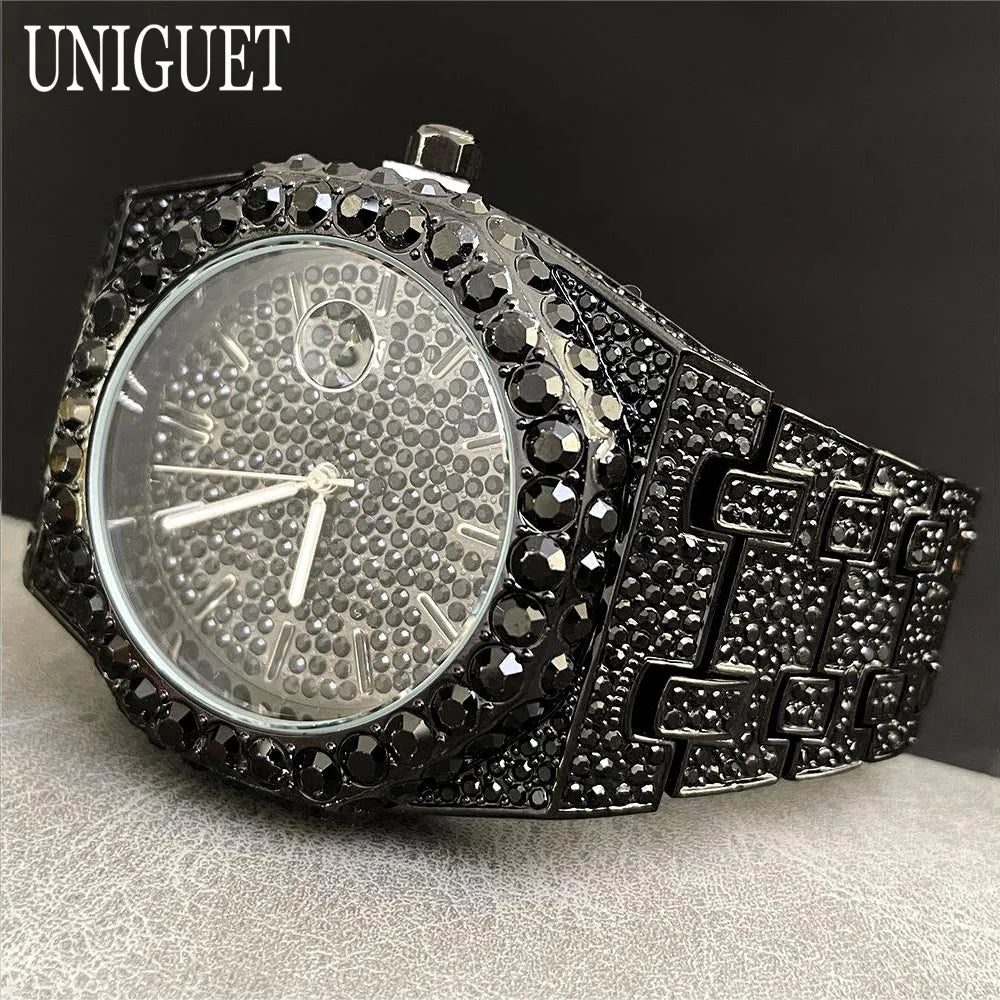 2025 New Luxury Brand UNIGUET Iced Watch For Men Fashion Hip Hop Diamond Waterproof Stainless Steel Wristwatch Male Dropshipping