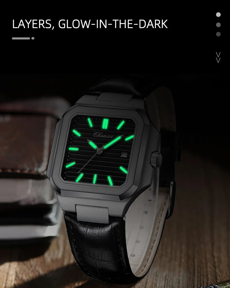 New High Quality Leather Man Watches Business Fashion Date Quartz Luxury Square Watch Men's Waterproof Luminous Clock
