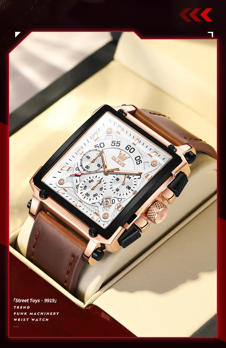 OLEVS Mens Watch Square Quartz Watch Multifunctional Business Watches For Man Waterproof Luminous Box Gift Leather Strap 9919