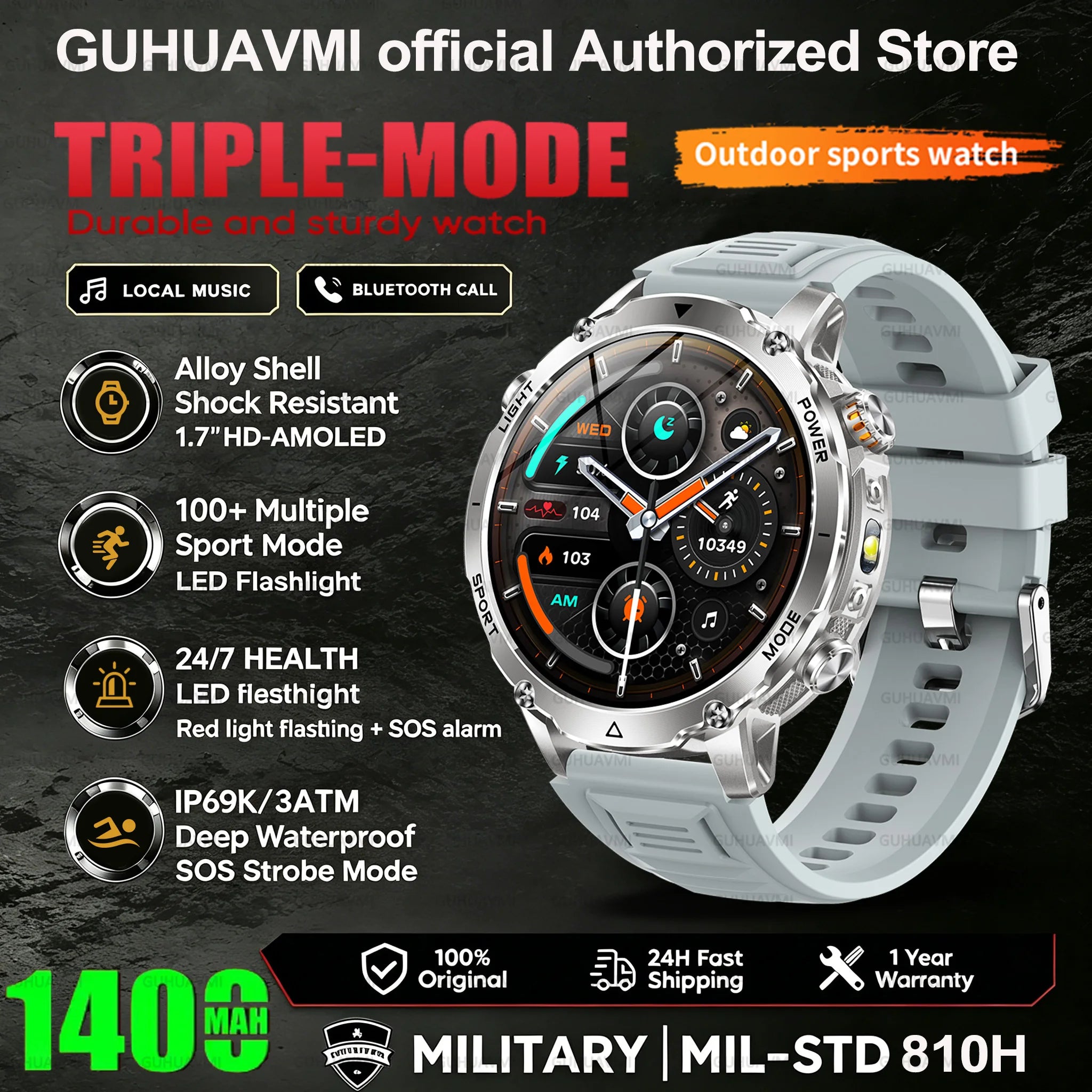 2026 New Smart Watch Bluetooth Call 1400mAh Large Battery Sport Heart Rate 1.7" Military Outdoor Men Smartwatch For Android IOS