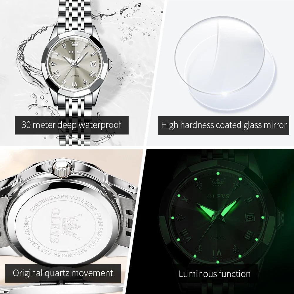 OLEVS 9931 Elegant Fashion Women's Watches Luxury Brand Original Quartz Watch forLadies Waterproof Stainless Steel Luminous Date