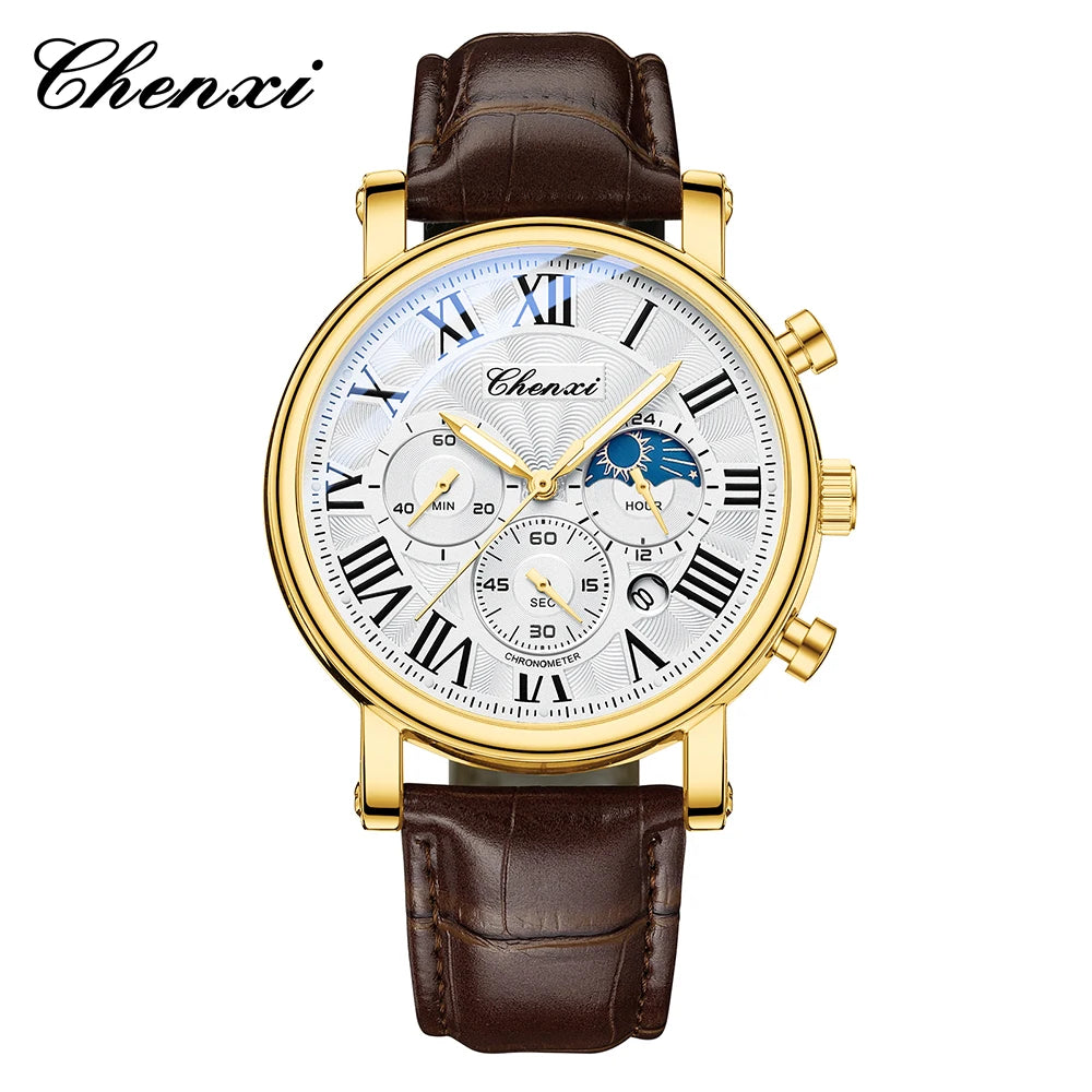 CHENXI Multifunction Men's Watches Business Roman Numerals Leather Strap Quartz Man Watch Chronograph Moon Phase Calendar