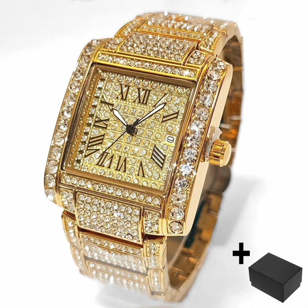 Luxury Brand Mens Silver Stainless Steel Quartz Watch Hip Hop Full Diamond Rectangle AAA Quality Fashion Wristwatch for Men 2025